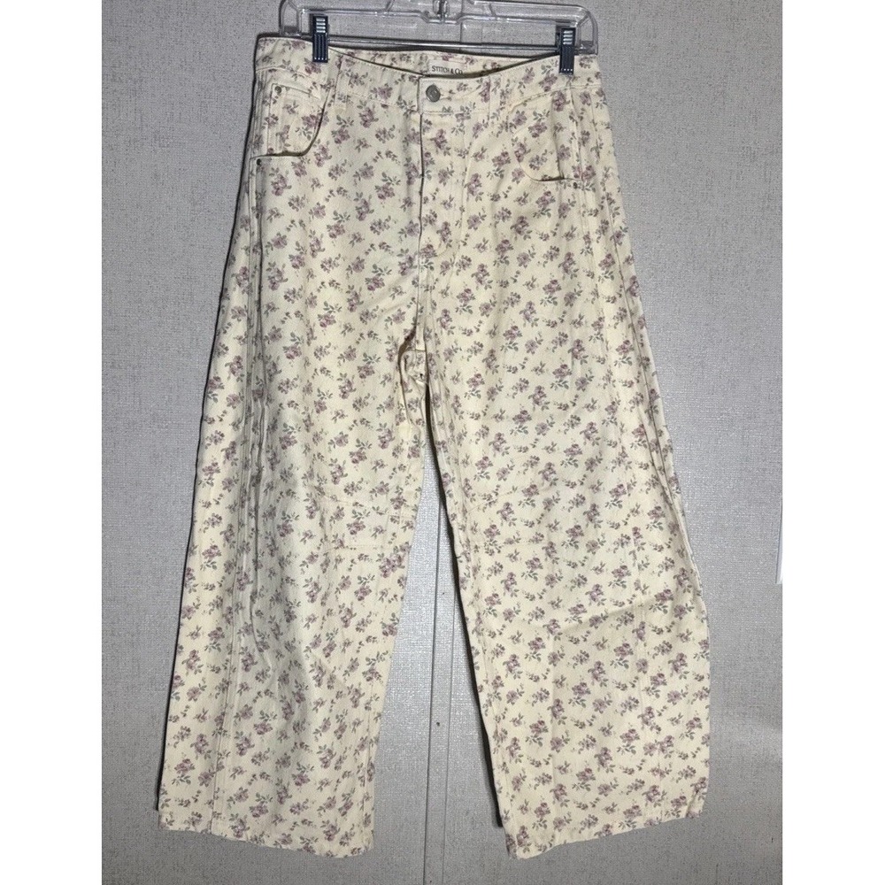 Stitch & Co Gypsy Fit Floral Wide Leg Crop Pants Ivory Cottagecore Size Medium